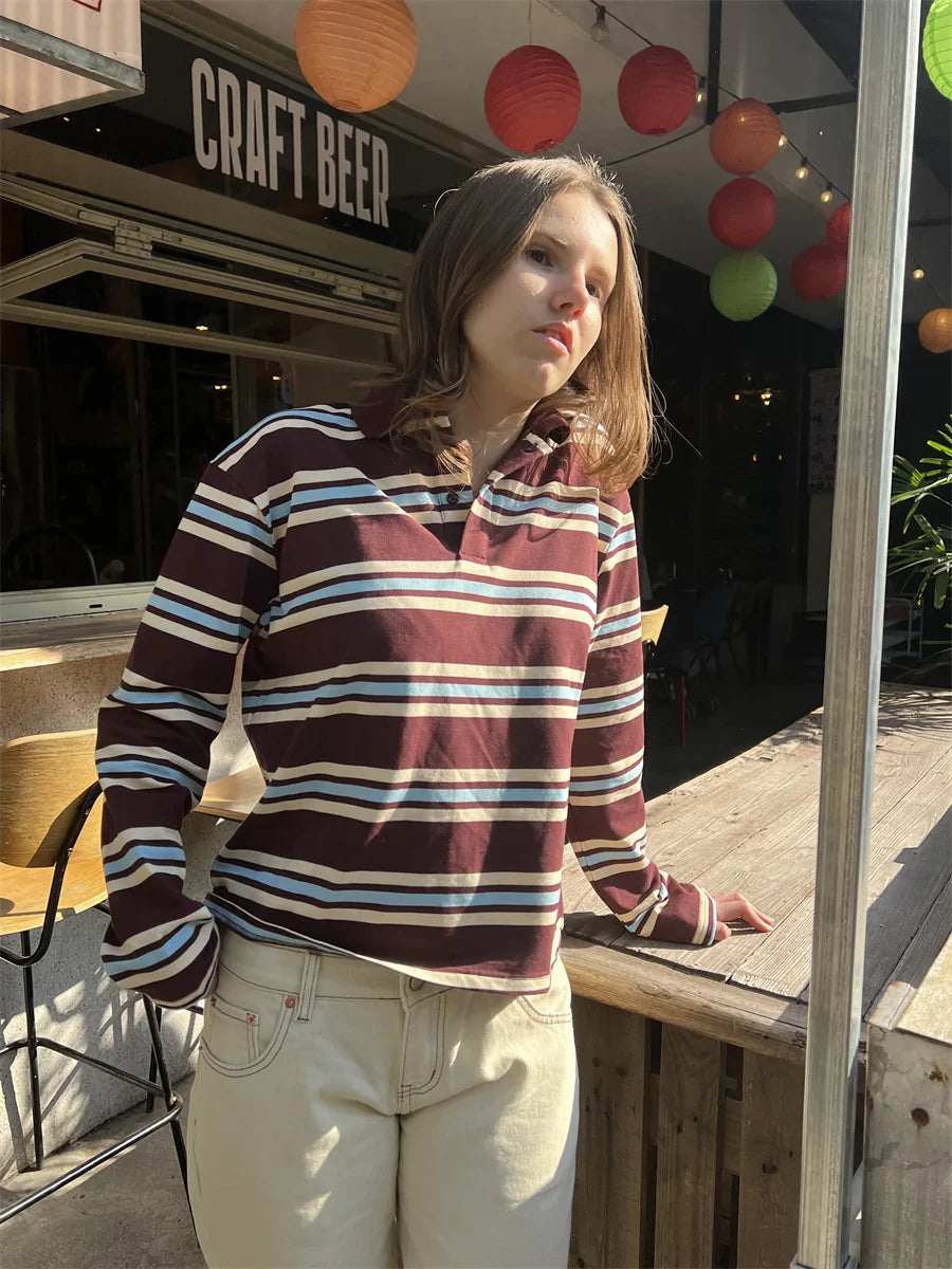 Summer Polo Shirts Woman Long Sleeve Crop Top Color Block Green Stripe Print Polo Shirts Mujer Casual Tops Striped Brown Autumn
