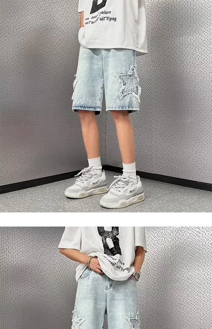 Star Patchwork Yellow Clay Color Jeans Summer Men Denim Shorts Trendy Streetwear Five-point Pants Straight Jeans Shorts