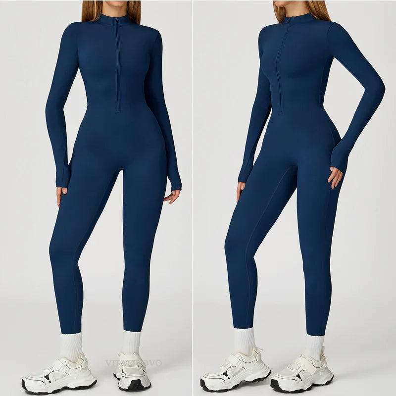 VITALINOVO Women Fleece Lined Workout Jumpsuits Long Sleeve Zip Up Yoga Romper Winter Warm Thermal One Piece Bodycon Bottom Pant