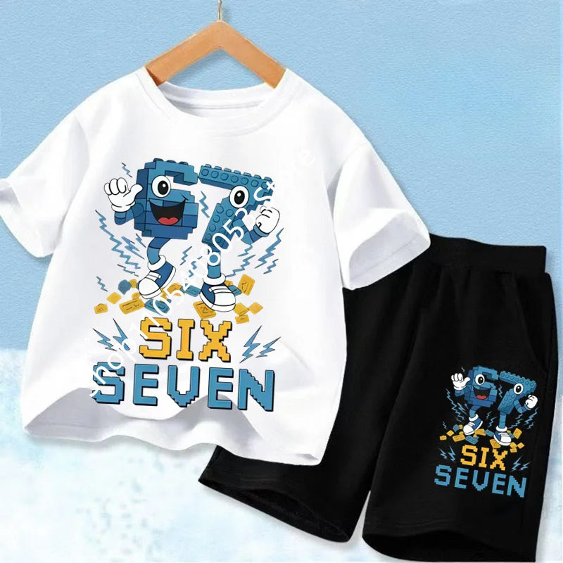 New 67 Number Six Seven Print Kids Cool Summer T-shirt 3-12Yrs Clothes Cartoon Short-sleeved+Shorts Boys Girls Sports Casual Set