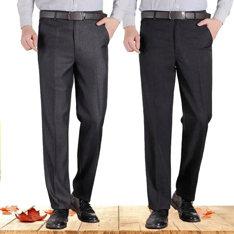 New Arrival Mens Casual Business Pants Man Mid Full Length Soft Trim Brand Trousers Regular Straight Black Grey Large Size 28-40
