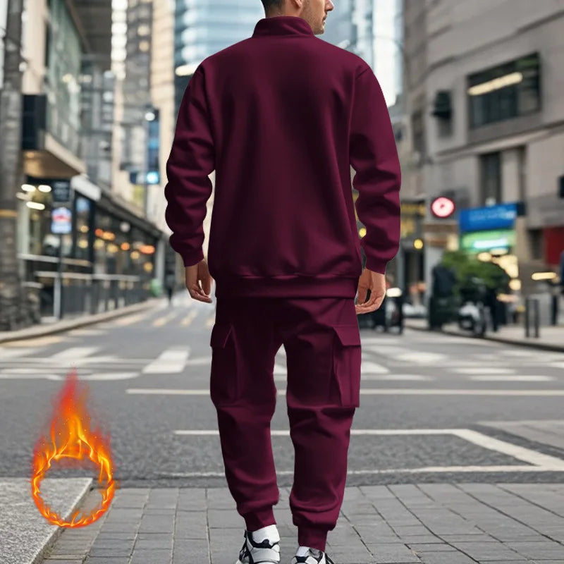 2024 autumn and winter men's casual velvet warm zipper sports trousers set