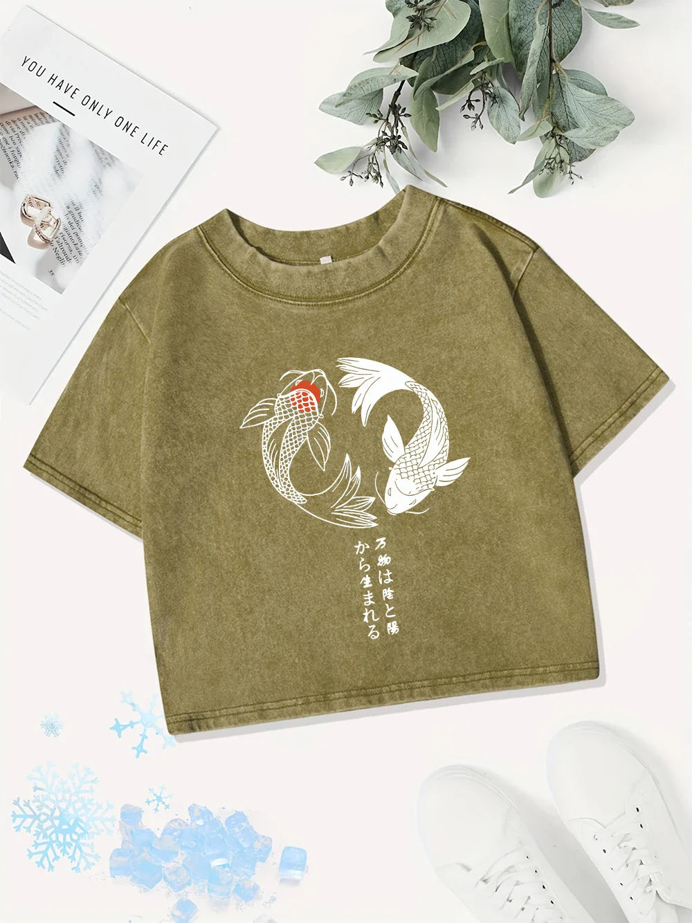 Casual Cotton Crop Tops Womens Japanese Koi Harajuku Prints Washed T-Shirts Street O-Neck Regular Fit Streetwear Sexy Clothes