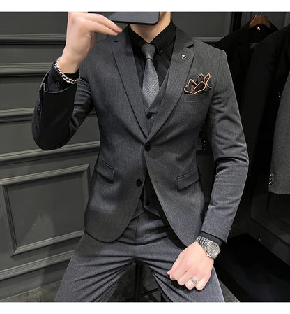 ( Blazer + Vest + Pants ) Boutique Fashion Solid Color Men's Slim Casual Business Suit Three-piece Set Groom Wedding Dress Party