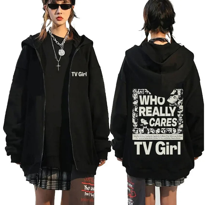 TV Girl Who Really Cares Graphic Print Zipper Hoodie Men Women Fashion Casual Oversized Zip Up Jacket Male Fleece Sweatshirts