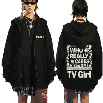 TV Girl Who Really Cares Graphic Print Zipper Hoodie Men Women Fashion Casual Oversized Zip Up Jacket Male Fleece Sweatshirts