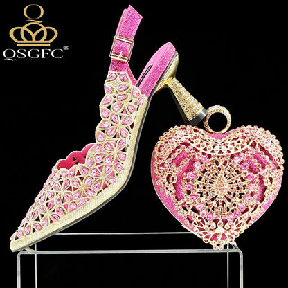 Italian Design Rhinestone-encrusted Sex Ladies Shoes And Special Bag High Heels And Heart Shape Gold Mini Bag