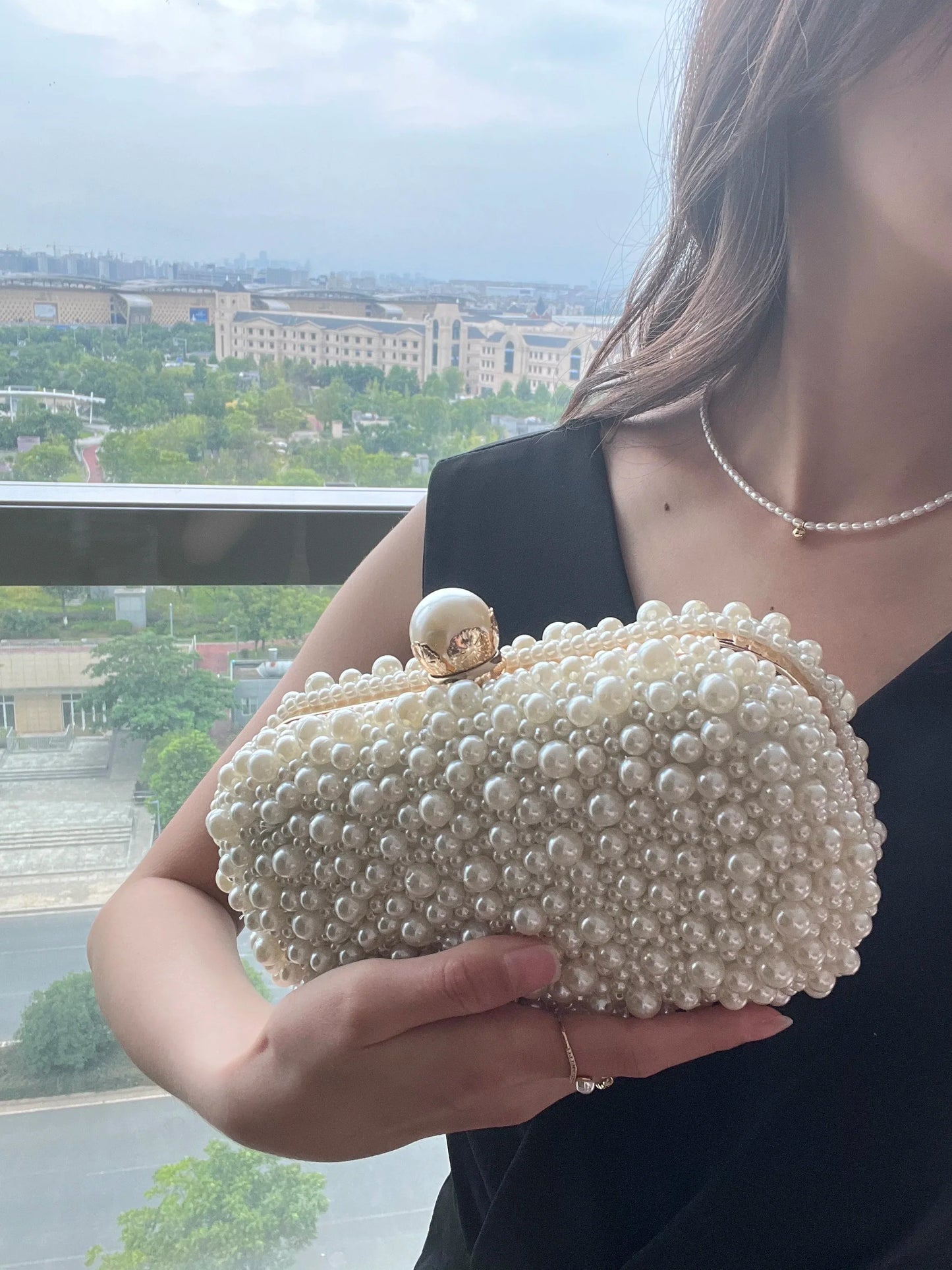 Fashion Elegant Women White Beige Luxury Special Crystals Beaded Pearl Evening Clutch Bags Wedding Party Handbag Beaded
