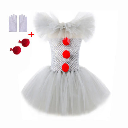 Pennywise Inspired Horrible Creature It Clown Tutu Dress Kids Joker Cosplay Costume with Hair Pin Gloves Girl Halloween Apparel