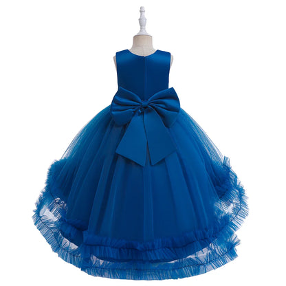 Elegant Trailing Flower Party Girls Dress Summer Wedding Bridesmaid Princess Prom Dress Girl Tull Bow Birthday Evening Ball Gown