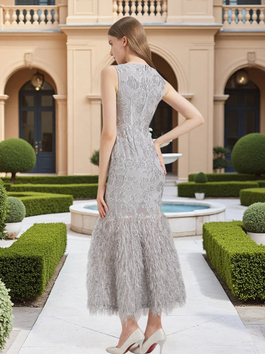New Arrival Organza Fishtail Long Dress Maxi Evening Summer Sleeveless Bodycon Fitting Gown Feathers Women Robe Vestido