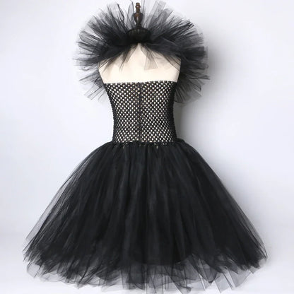 Girls Black Evil Queen Maleficent Tutu Dress Horns Wings Dark Witch Cosplay Carnival Halloween Costume for Kids Fancy Clothes