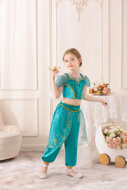 Aladdin Princess Girl Dress Jasmine Two-piece Set Kids Film Role Play Costume Halloween Party Clothes Children Birthday Gift