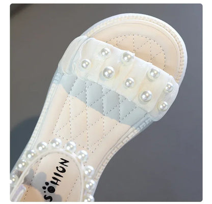 Children's Sandals Summer Bowtie Princess Shoes for Girls Fashion Sweet Kids Causal Pearl Roman Sandals Solid Color Hook Loop
