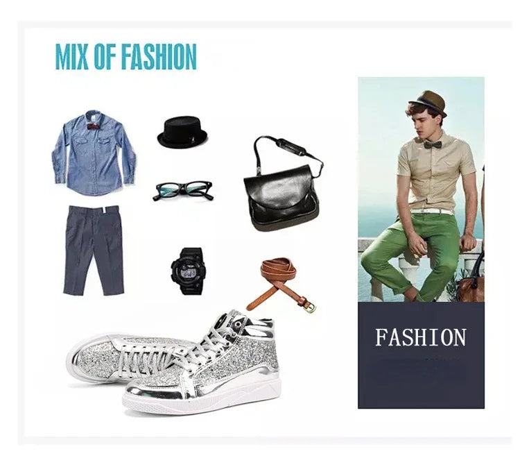 Man High Top Sneakers Luxury Glitter Men Ankle Boots Fashion Non-slip Casual Shoes High Quality Hip Hop Men Boots 2024