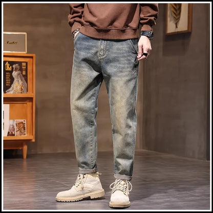 Retro American Style Men's Jeans Loose Fit Heavy Casual Slim Leg Cotton Pants Elastic Waist Korean Denim Jeans for Spring Autumn