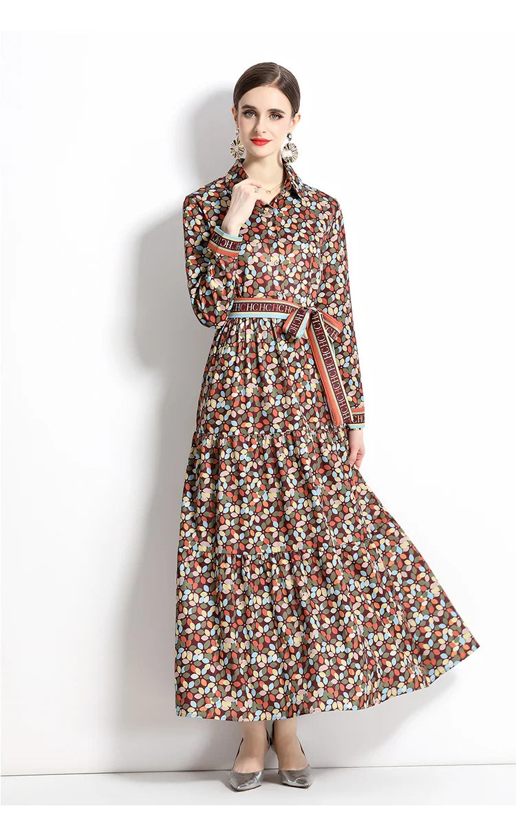 2024 Autumn New Women's European and American Versatile Waist and Slimming Letter Positioning Printed Dress A-line Long Dress