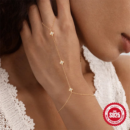 Dainty 5A Zircon Finger Ring Chain Bracelets Flower High Carbon Bracelet for Women Girl Adjustable s925 Silver Jewelry Gift