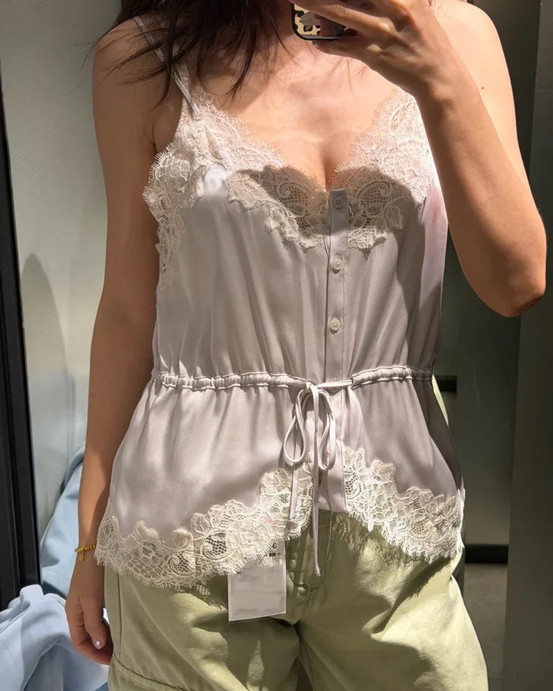 Women's Top 2026 New Spring Summer Lace Decoration Satin Textured Top for Women Chic Personality Female Spaghetti Strap Top