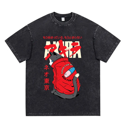 Japanese Anime Akira Washed Vintage T Shirt Science Fiction Cartoon Movie Shotaro Kaneda T-shirt Men Women Cotton Casual T-shirt