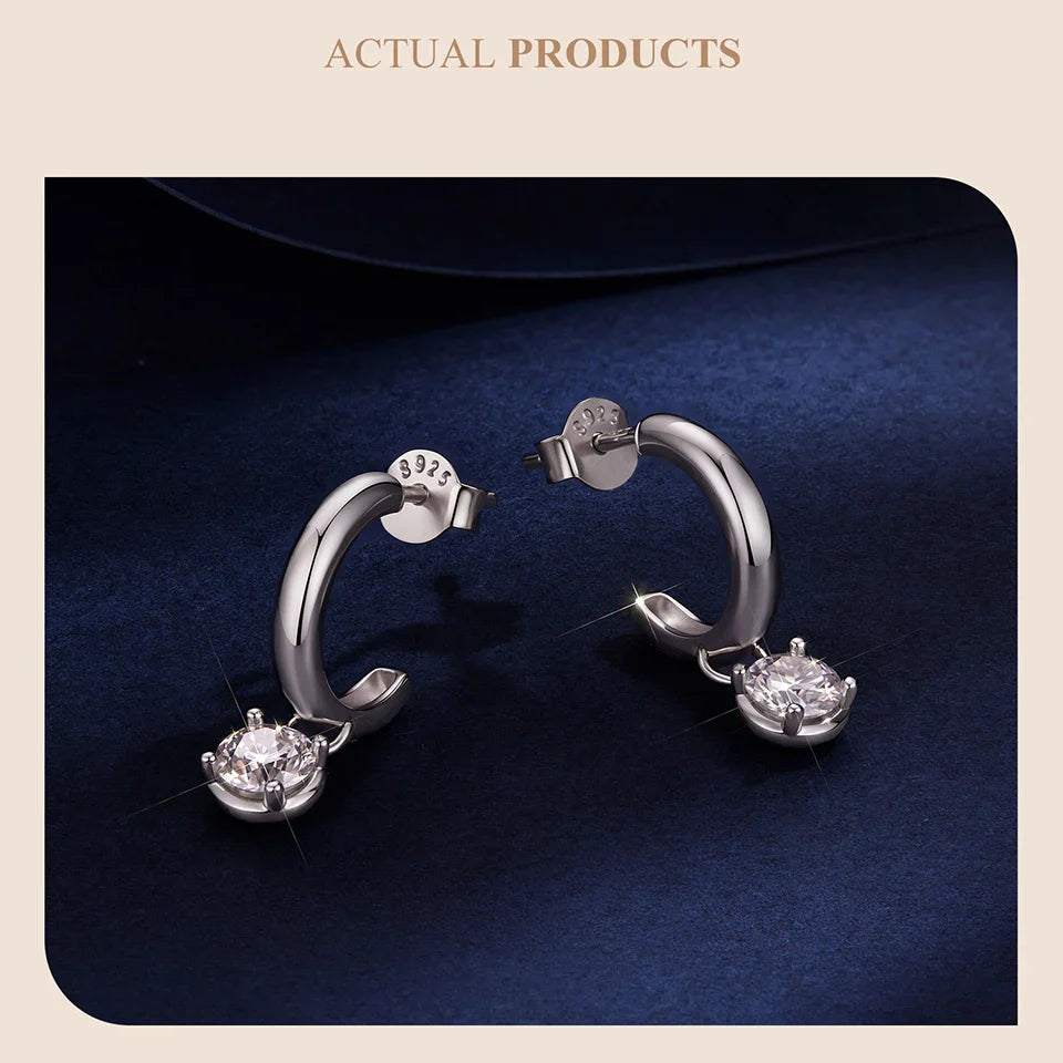 Minimalist Moissanite Hoop Earrings for Women, Half-circle  925 Sterling Silver D Color Round Cut Lab Diamond Earrings