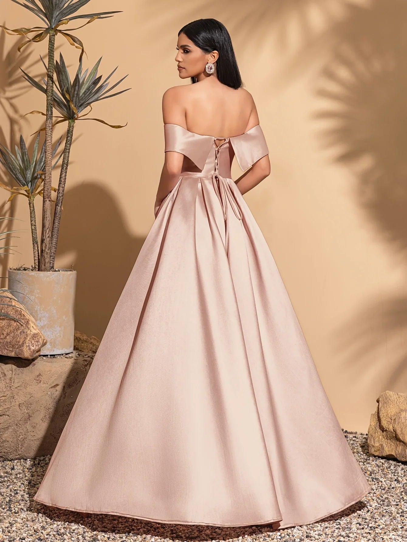 Off-the-shoulder satin dress with back tie, elegant and chic dress