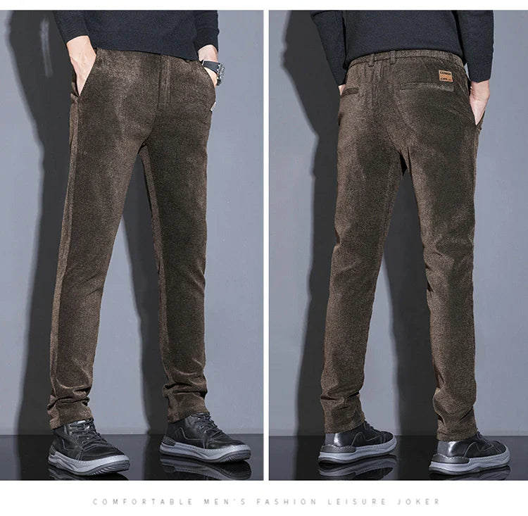 Men's Solid Straight Casual Pants Autumn Woolen Slim Fit Office Pants Vintage Elastic Waist Youth Trousers Everyday Wear