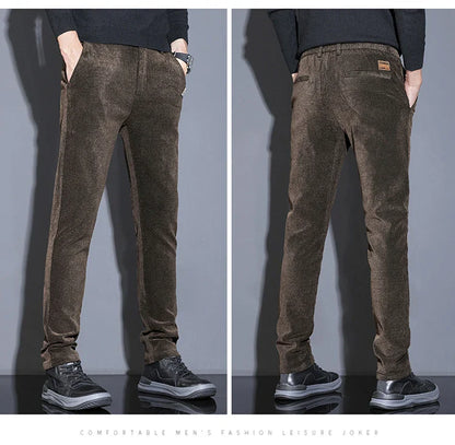 Men's Solid Straight Casual Pants Autumn Woolen Slim Fit Office Pants Vintage Elastic Waist Youth Trousers Everyday Wear