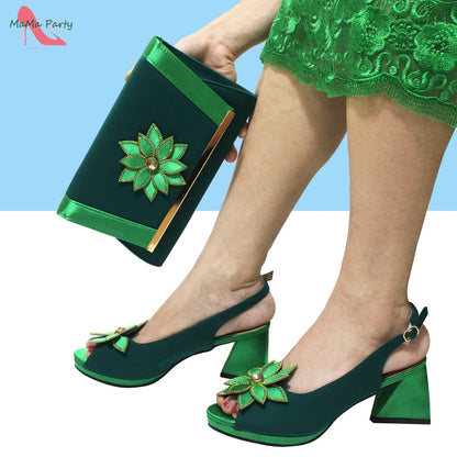 Design Italian Women Shoes and Bag Set in Green Color High Quality Comfortable Heels with Appliques for Wedding