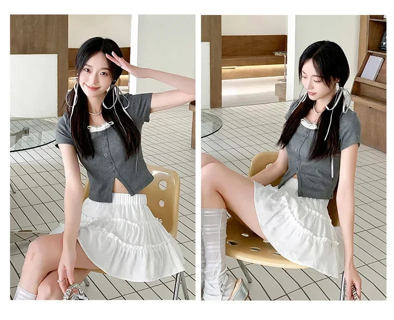 Elegant pink mini dress new summer thin style French ballet design cake skirt lace edge WOMEN'S JK skirt