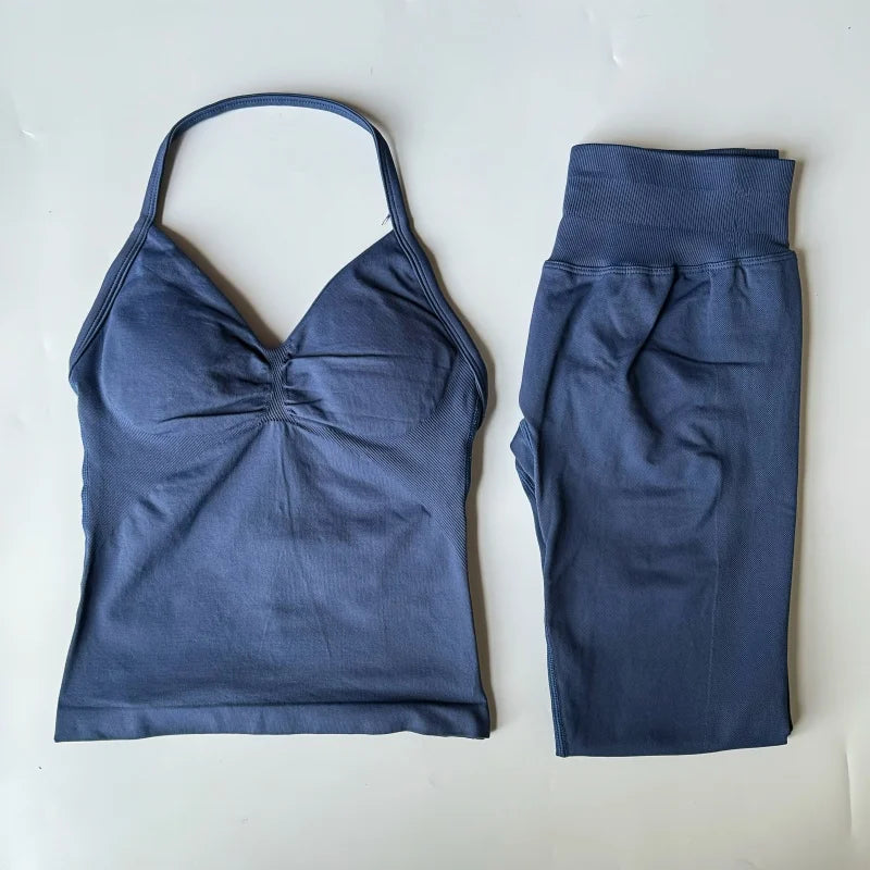 2 Pieces Set Leggings Set Women Backless Tank Tops High Waist Scrunch Gym Suit Fitness Clothes Outfit Workout Yoga Set