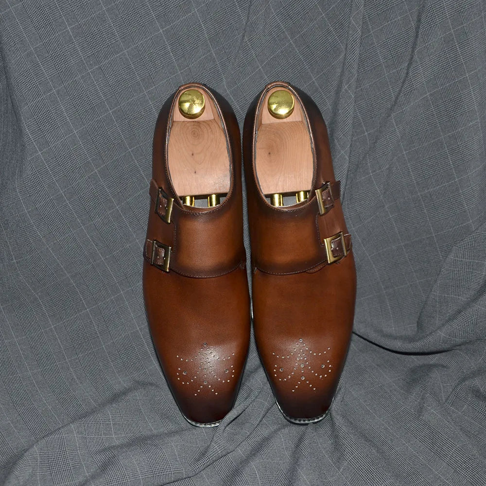 Italian Style Luxury Genuine Leather Monk Strap Men's Formal Shoes Double Buckles Brogue Pointy Toe Business Office Dress Shoes