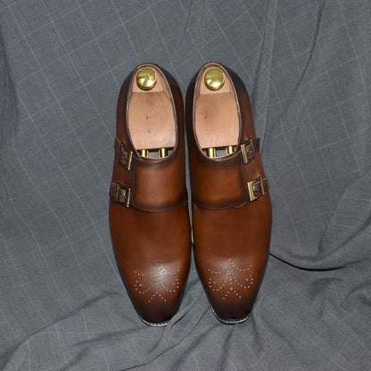 Italian Style Luxury Genuine Leather Monk Strap Men's Formal Shoes Double Buckles Brogue Pointy Toe Business Office Dress Shoes