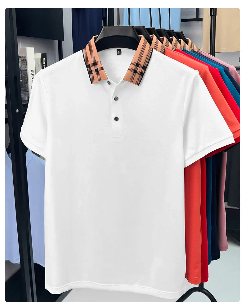 Fashion brand plaid lapel short sleeve polo shirt men summer new style simple solid color high-end business casual golf T-shirt