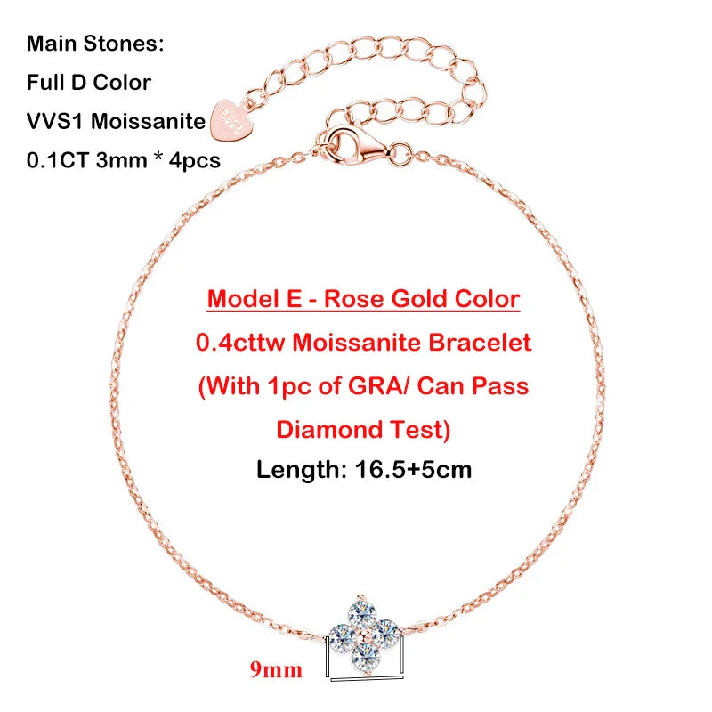 4-Leaf Clover GRA Certified 0.9cttw D Color Moissanite Diamond Bracelet for Woman 925 Silver Link Bracelets Fine Jewelry