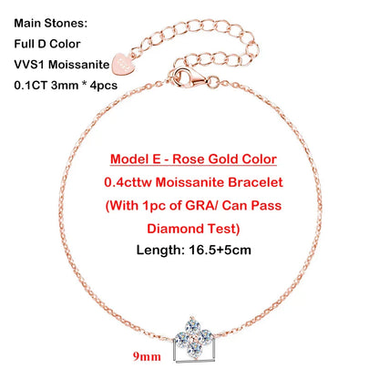 4-Leaf Clover GRA Certified 0.9cttw D Color Moissanite Diamond Bracelet for Woman 925 Silver Link Bracelets Fine Jewelry