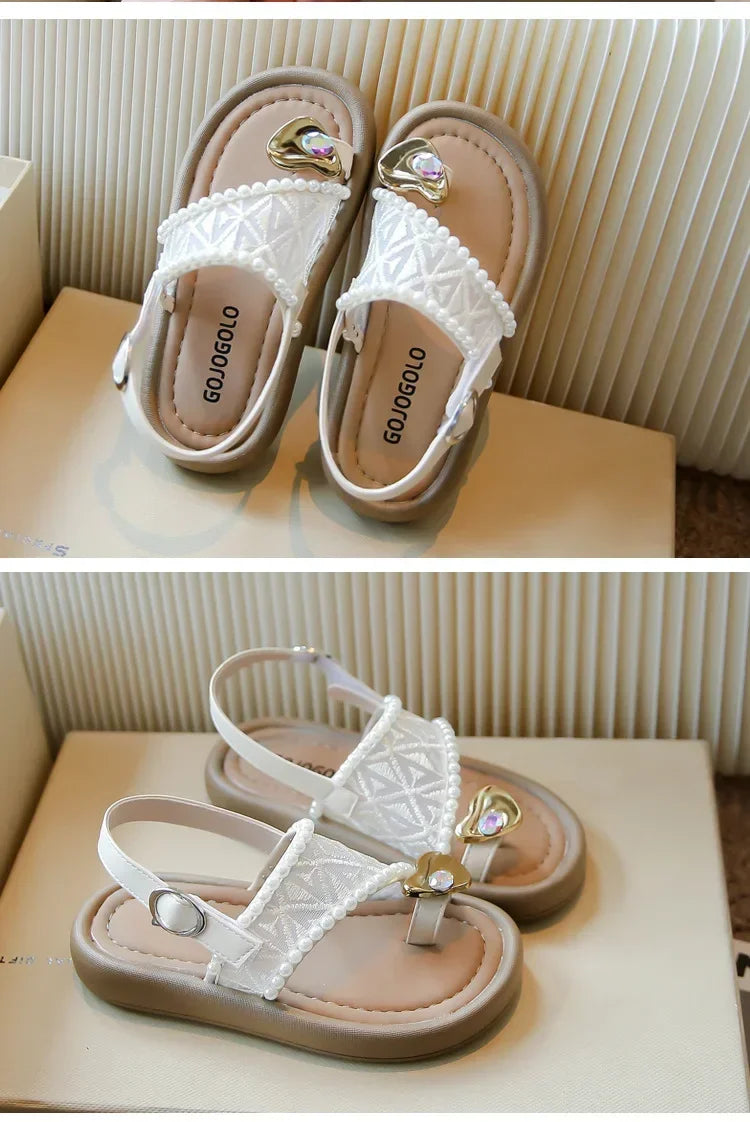 2025 Summer New Children Princess Pearl Cool Slippers for Girl Anti Slip Beach Sandals Toe Covering Casual Versatile Style Flats