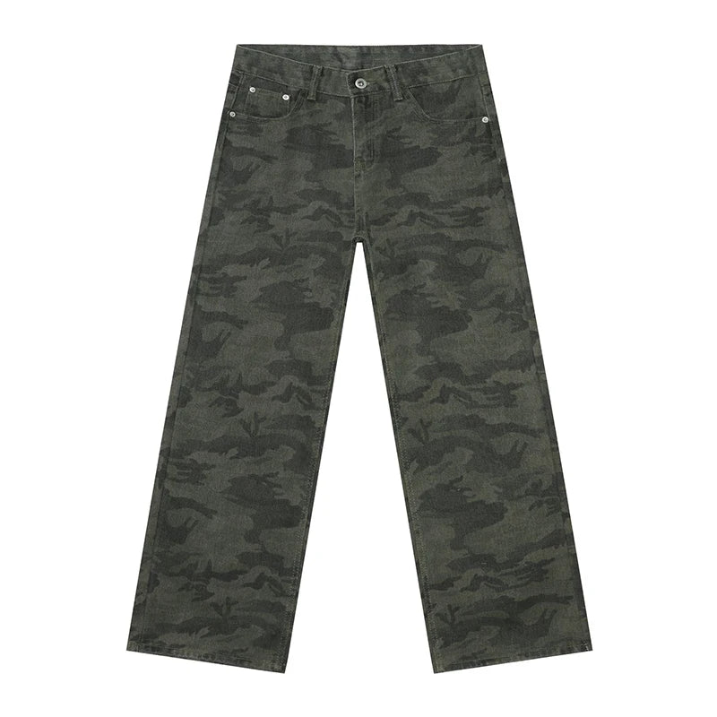 Tide Camouflage Jeans Men's Ins Loose Straight Wide Leg Casual Denim Pants Loose Male Trousers 12C2036