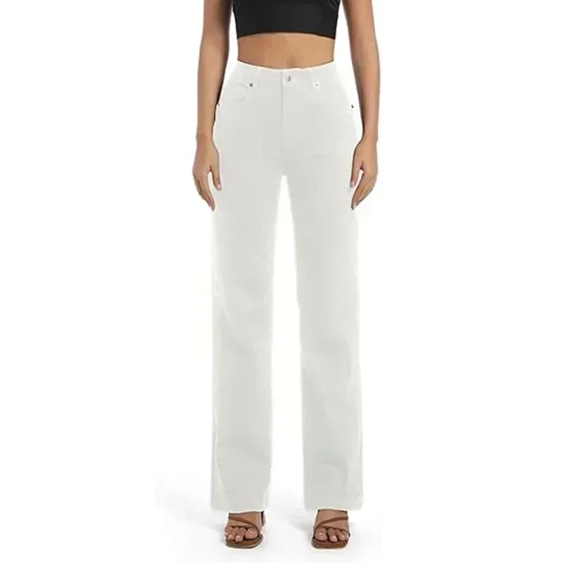 Ins Fashion Jeans Women Comfortable High Waisted White Jeans Girls Thin Stretch Denim Pants Female Straight Leg Trousers