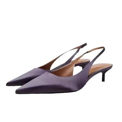 Elegant Purple Satin Low Heel Women Pumps Sexy Pointed Toe High Heels for Women Hollow Back Strap Mules Fashion Party Dress Shoe