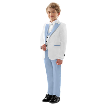 Premium Boys White And Light Blue Contrast Formal Suit Set 4PCS Design Elegant Occasion Wear For Wedding Banquet Performance