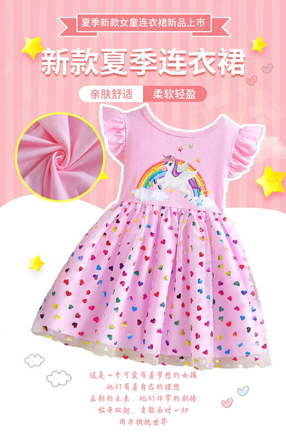 2026 Korean Style Girls Summer Unicorn Print Dress Short Sleeve Tulle Princess Gown Kids Casual Party Clothes for South Korea