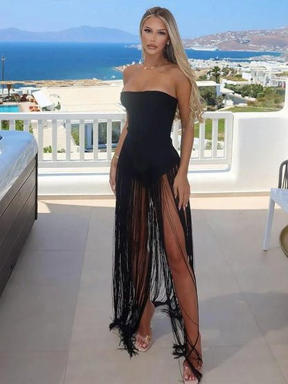 Valentine's Day Bodysuit Women Strapless Patchwork Tassel Sexy Beach Vacation Clubwear Midnight Party Tight Body Tops
