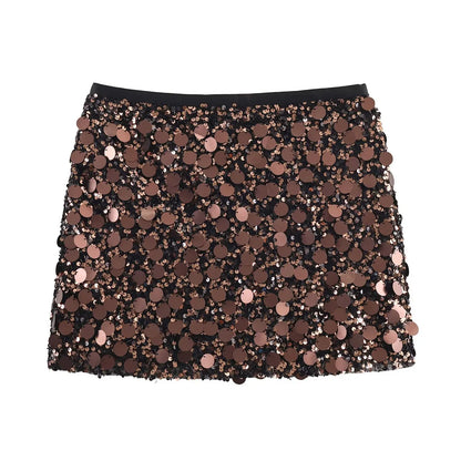 Women Spring Autumn Chic Mini Skirts Fashion With Sequined Solid Side Zipper Short Skirt Female Vintage High Waist Skirt