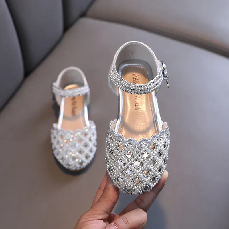 Summer Girl's Sandals Sliver Pink Diamante Luxury Hollow-out Kids Sliders Hook-loop Round Toe Glitter Stylish Children Shoe26-36