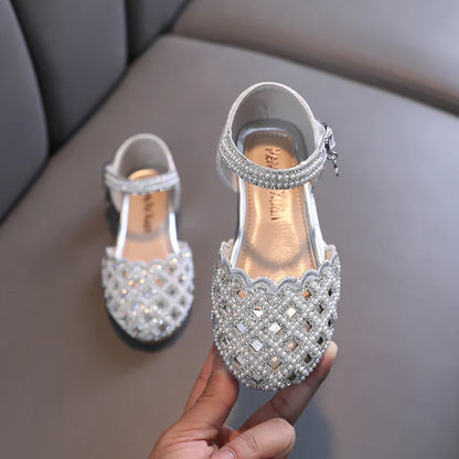Summer Girl's Sandals Sliver Pink Diamante Luxury Hollow-out Kids Sliders Hook-loop Round Toe Glitter Stylish Children Shoe26-36