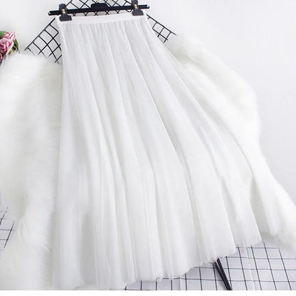 New large hem chiffon long skirt for women's Korean casual simple solid color three-layer A-line high waisted long skirt