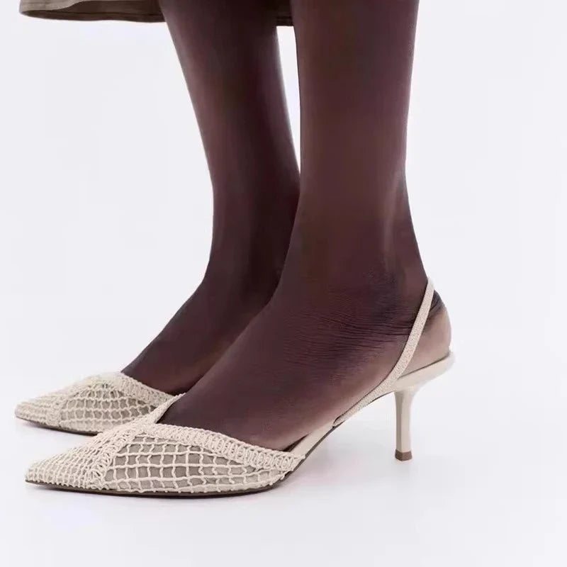 Mesh Woven Heeled Sandals Women Sexy Pointed Toe Back Strap Thin High Heels Comfortable Elegant Designer Shoes for Women Pumps