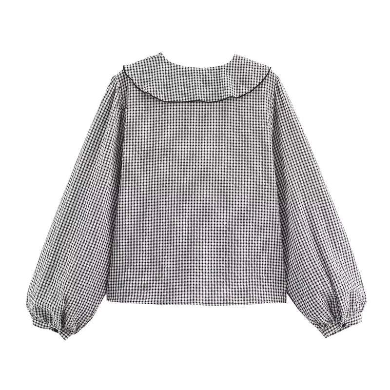 Elegant Fashion Chidori Plaid Ruffles Chiffon Shirt Spring 2025 Ruffled Neck Long Butterfly Sleeve Loose Tops Women's Clothing