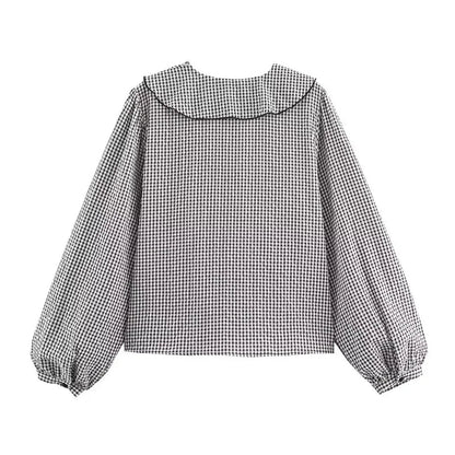 Elegant Fashion Chidori Plaid Ruffles Chiffon Shirt Spring 2025 Ruffled Neck Long Butterfly Sleeve Loose Tops Women's Clothing